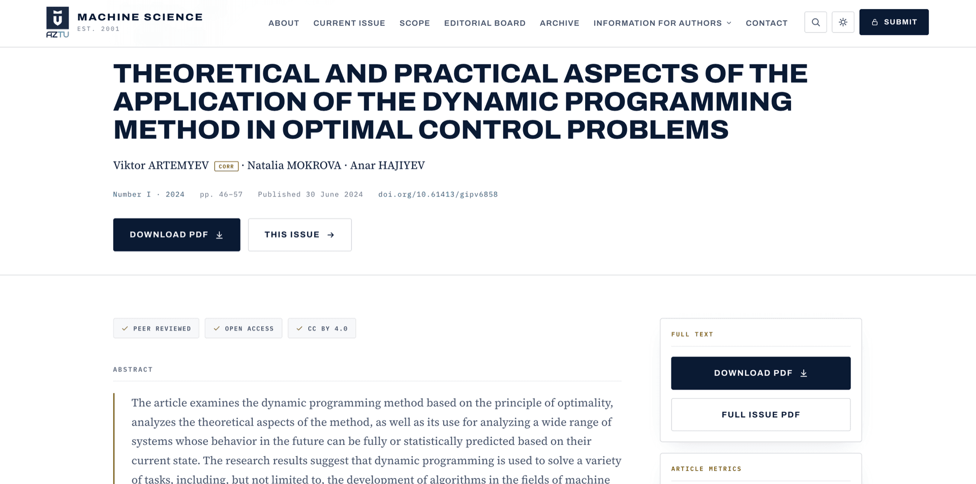 Machine Science article page showing the paper title, authors with the corresponding-author marker, issue number, year, page range, publication date, DOI, and PDF download actions
