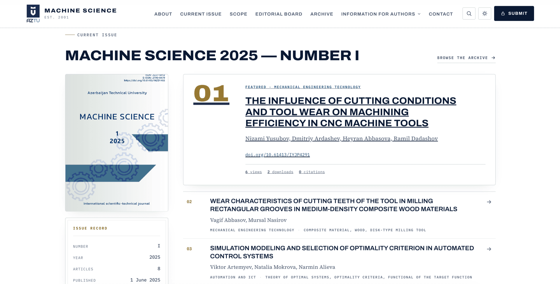 Current issue page of the AzTU Machine Science journal showing Machine Science 2025 Number I with the issue cover, issue record, and the list of peer-reviewed articles with authors and DOIs