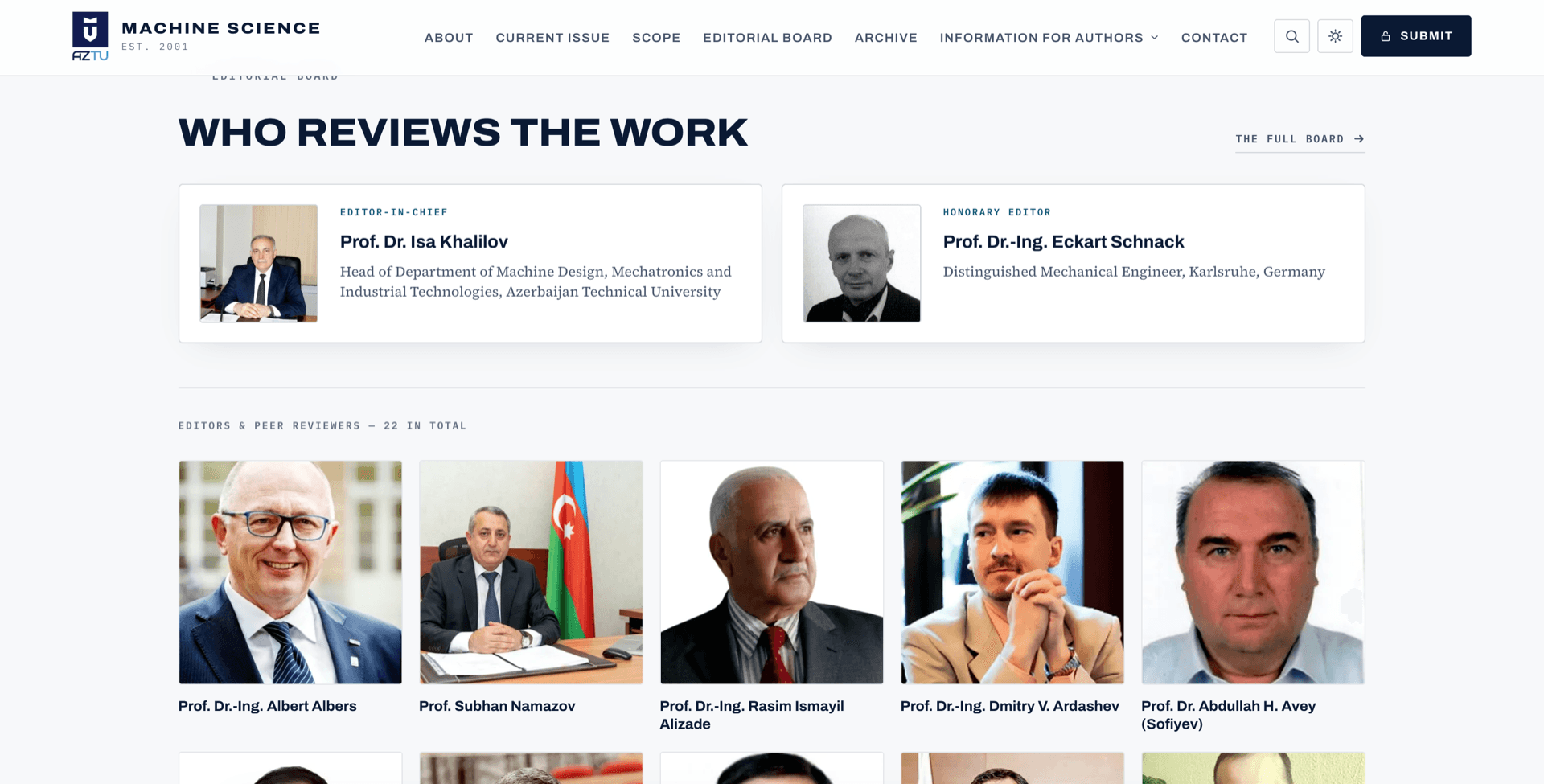 Editorial board page of the Machine Science journal listing the editor-in-chief, the honorary editor, and the twenty-two editors and peer reviewers with portraits and affiliations