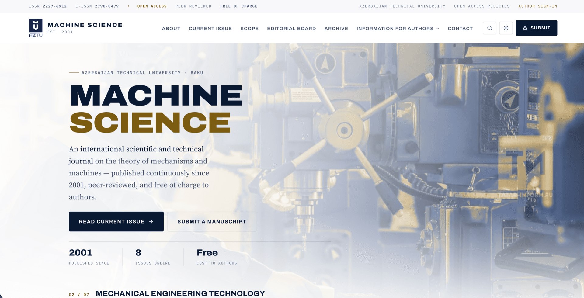 Machine Science journal homepage built for Azerbaijan Technical University, showing the ISSN and open-access header, the journal masthead, and calls to read the current issue or submit a manuscript