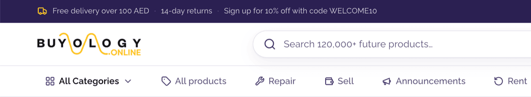 Buyology storefront masthead — the promotional delivery bar above the Buyology logo, product search, and category navigation