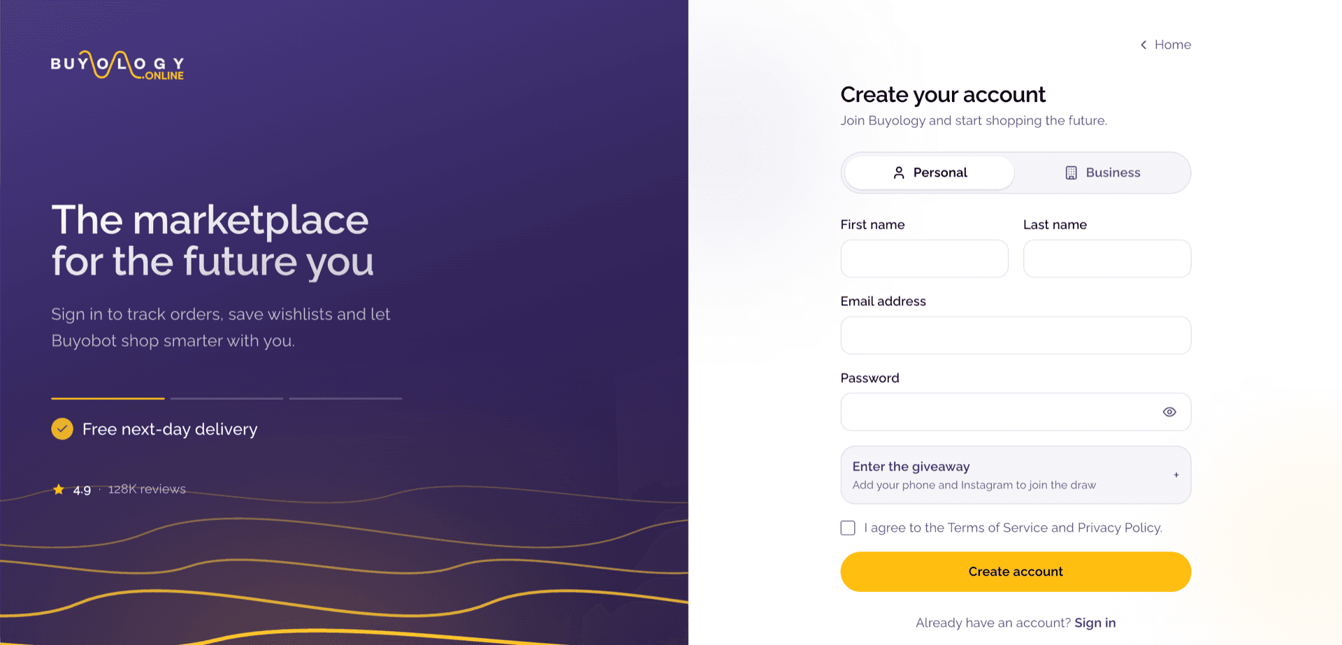 Buyology account creation page with a split layout, offering separate personal and business account types alongside an optional giveaway entry