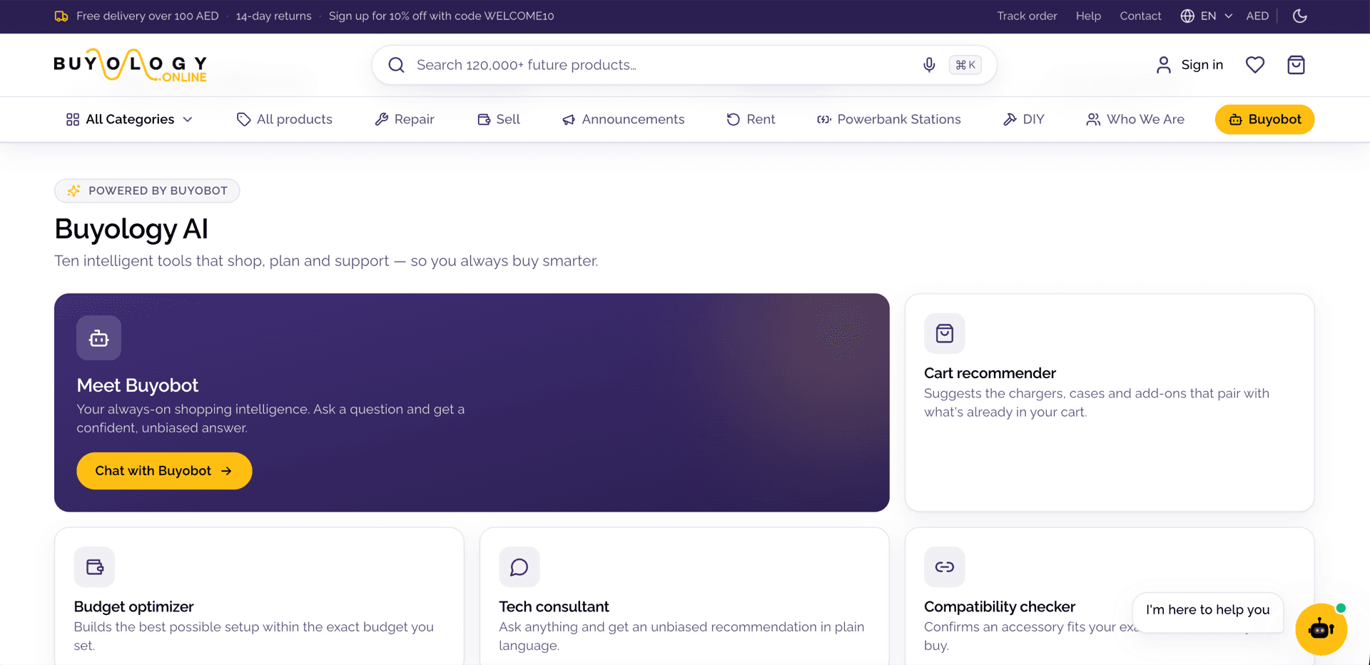 Buyology AI page presenting the assistant tools, including the Buyobot shopping assistant, cart recommender, budget optimizer, tech consultant, and accessory compatibility checker