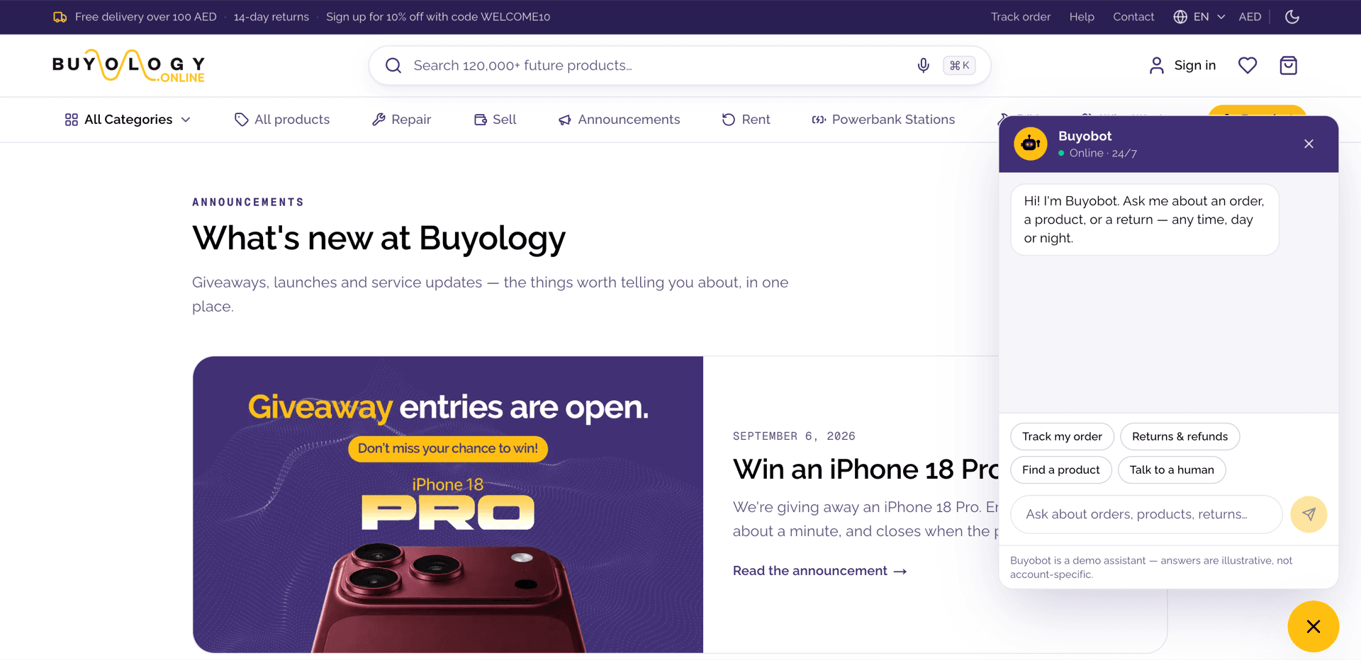 The Buyobot chat widget open on the Buyology announcements page, offering quick actions to track an order, handle returns and refunds, find a product, or hand over to a human agent