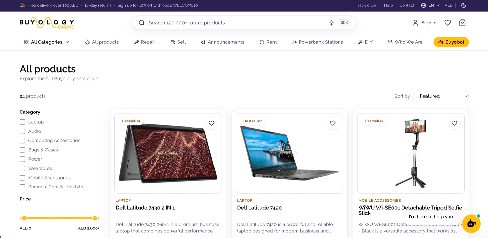 Buyology catalogue page listing products with bestseller badges, category and price-range filters in the sidebar, and a sort control