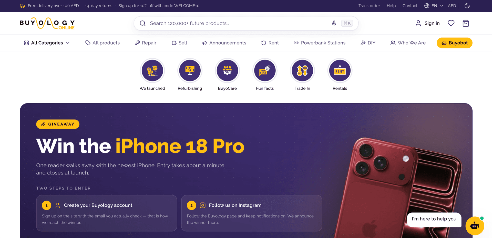 Buyology storefront homepage showing the search bar over a catalogue of 120,000 products, the category navigation for repair, sell, rent, powerbank stations and DIY, and a giveaway campaign banner