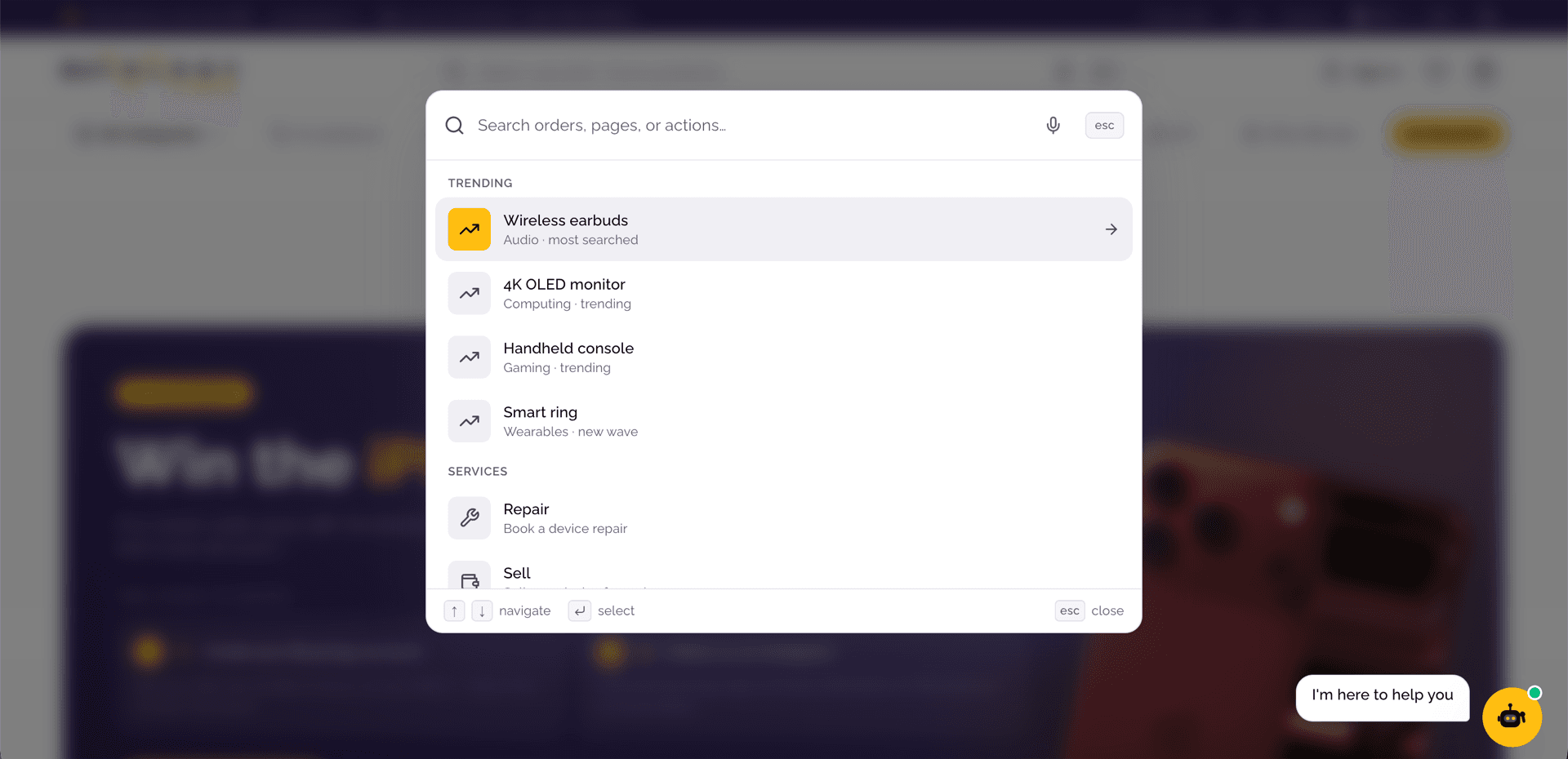 Buyology search command palette open over the storefront, showing trending product searches and service shortcuts with keyboard navigation hints and a voice input button
